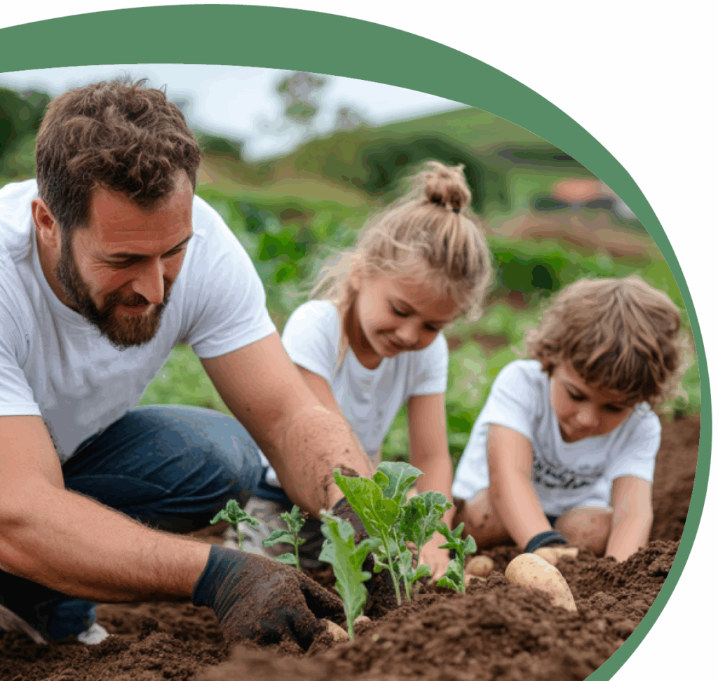 Vater mit zwei Kindern bei der Gartenarbeit